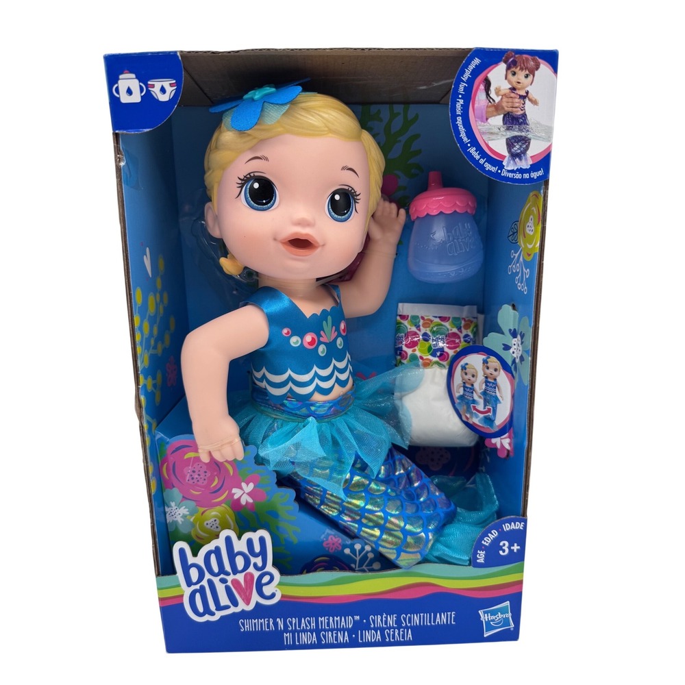 Baby Alive Shimmer N Splash Mermaid Doll Blonde Blue Tail Water Baby Hasbro NOS